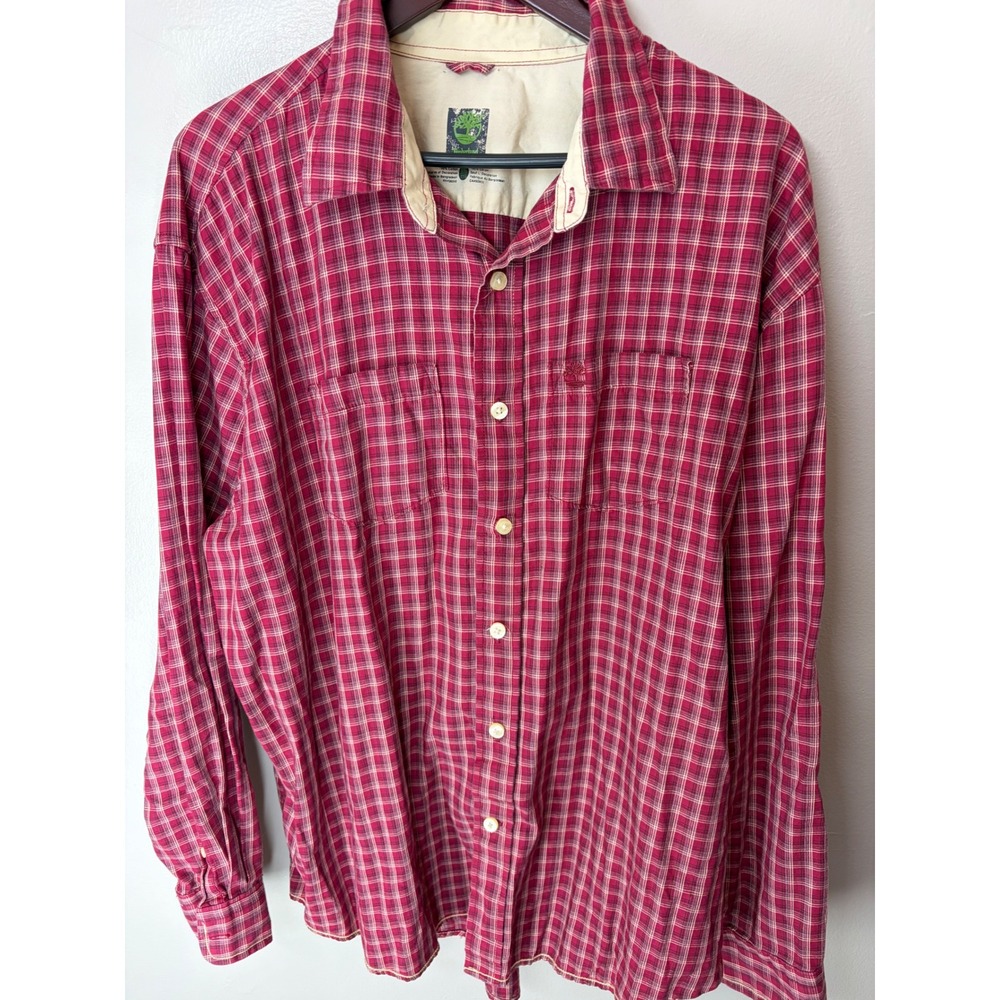 Timberland Mens XXL Red Plaid Cotton Long Sleeve Button Down Shirt Logo Pocket